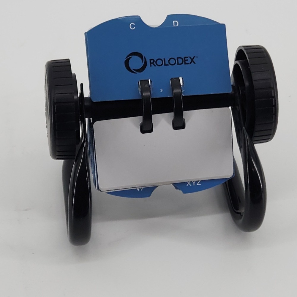 Rolodex Mini Rotary Card File Black Desktop Organizer Blue Dividers 3.5 Inch